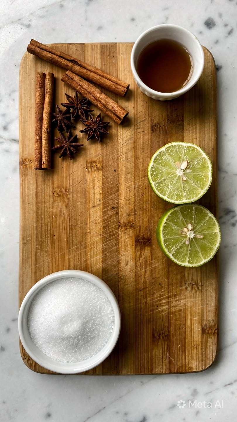 The image shows a wooden board with cinnamon sticks and star anise at the top left side, two halves of a fresh green lime side by side on the right, a small white bowl filled with brown liquid near the center top, and a white round bowl filled with white granulated sugar at the bottom left. The wooden board rests on a surface with a white marbled texture. photo taken with an iphone --ar 4:5 --v 7