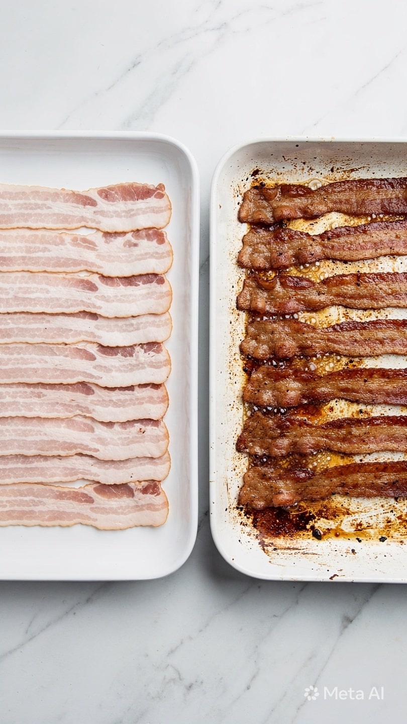 The image shows two white pans on a white marbled surface side by side. The left pan holds ten raw bacon slices arranged flat, displaying layers of pale pink meat with white fat stripes, covering almost the entire pan bottom. The right pan contains ten cooked bacon slices in uneven brown and reddish hues, sizzling with bubbles and showing some crispy texture. The pan bottom has brown cooked marks and bits of grease, creating a textured look around the bacon pieces. photo taken with an iphone --ar 4:5 --v 7