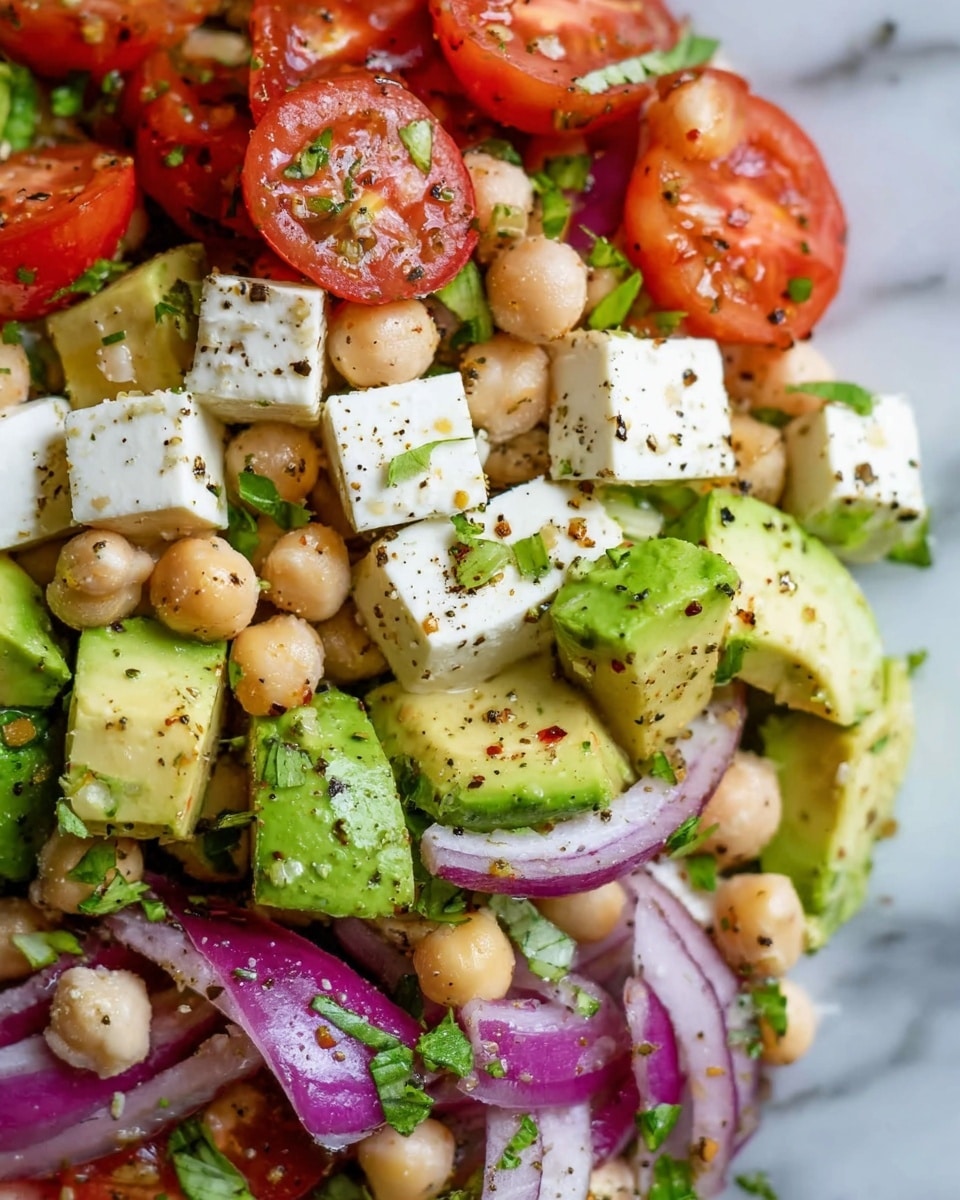 The image shows a colorful salad with three main layers. The first layer is white cubes of cheese scattered evenly, creating a soft texture. The second layer includes green, ripe avocado pieces and red onion slices with purple skin, both mixed throughout. The top layer has red cherry tomato halves and light beige chickpeas, all sprinkled with small green herb leaves and black spices. The salad rests on a white marbled surface. photo taken with an iphone --ar 4:5 --v 7