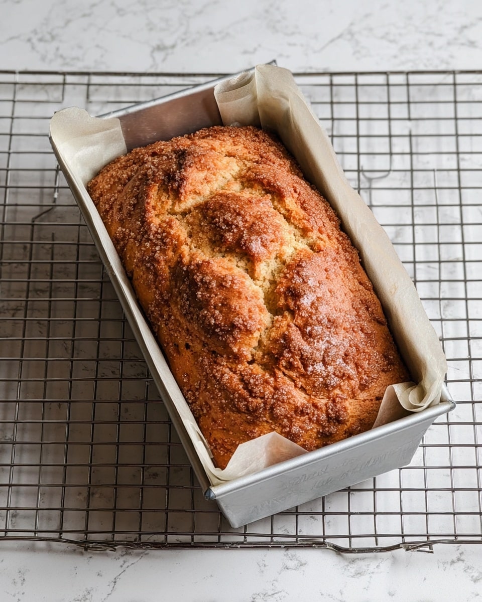 A loaf of golden brown bread with a slightly cracked top is inside a silver rectangular metal baking pan lined with parchment paper that folds over the edges. The surface of the bread has a sprinkling of coarse brown sugar spread in patches, adding texture. The pan is placed on a grid cooling rack, which rests on a white marbled textured surface. The bread looks freshly baked, with a crisp crust and soft interior visible through the cracks. photo taken with an iphone --ar 4:5 --v 7
