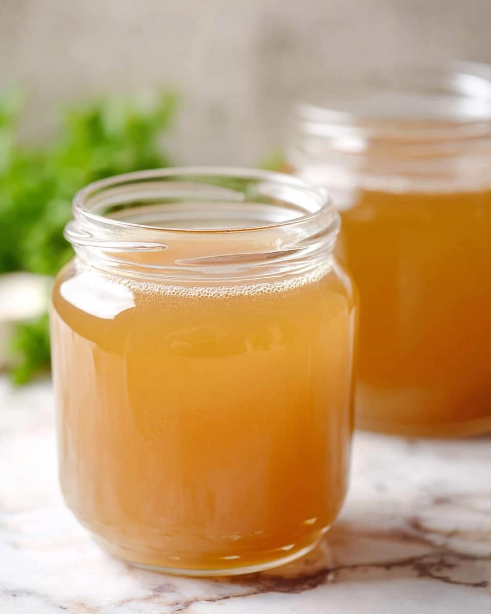 A clear glass jar filled with light golden, slightly cloudy broth. The jar is placed on a white marbled surface. In the background, blurred green leaves create a fresh contrast with the light golden color of the broth. The jar is open at the top revealing the smooth liquid inside. photo taken with an iphone --ar 4:5 --v 7