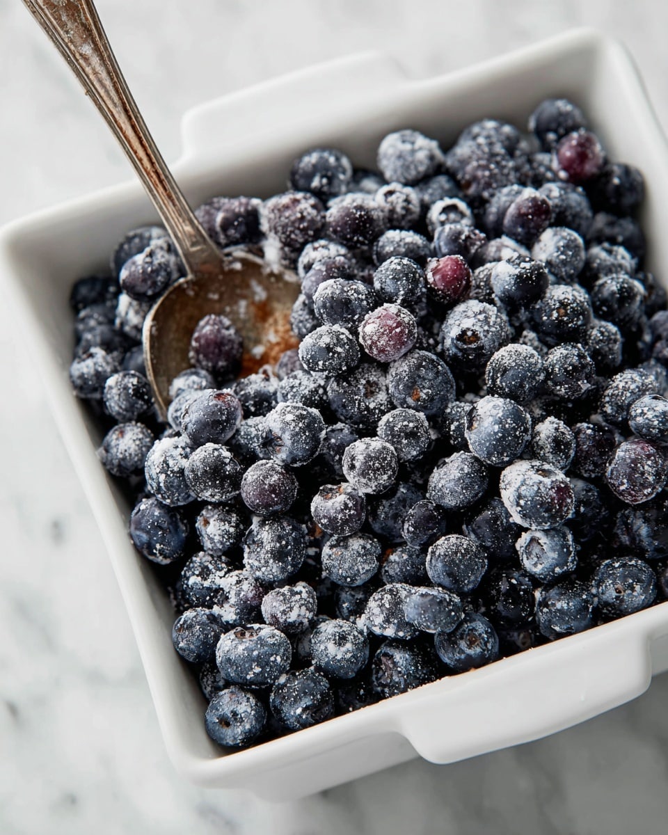 A white square dish filled with many deep blue and purple blueberries lightly coated with a white powdery substance, some berries showing a slight shine, and a small amount of cinnamon scattered among them; a vintage silver spoon rests inside the dish, partially buried in the blueberries, all placed on a white marbled surface photo taken with an iphone --ar 4:5 --v 7