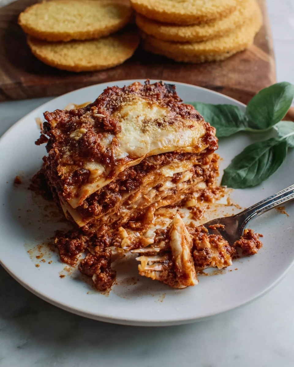 A white plate sits on a white marbled surface, holding a messy stack of lasagna with about four layers visible. The layers show soft, slightly browned pasta sheets mixed with a rich, reddish-brown meat sauce and creamy cheese sauce, creating a rough texture with bits of meat and cheese peeking through. Some sauce has spilled around the edges on the plate. Next to the lasagna stack is a silver fork resting on the plate. Behind the plate, there is a pile of golden-brown, round cornbread slices stacked unevenly. Two dark green basil leaves are placed at the edge of the wooden board beneath the plate. photo taken with an iphone --ar 4:5 --v 7
