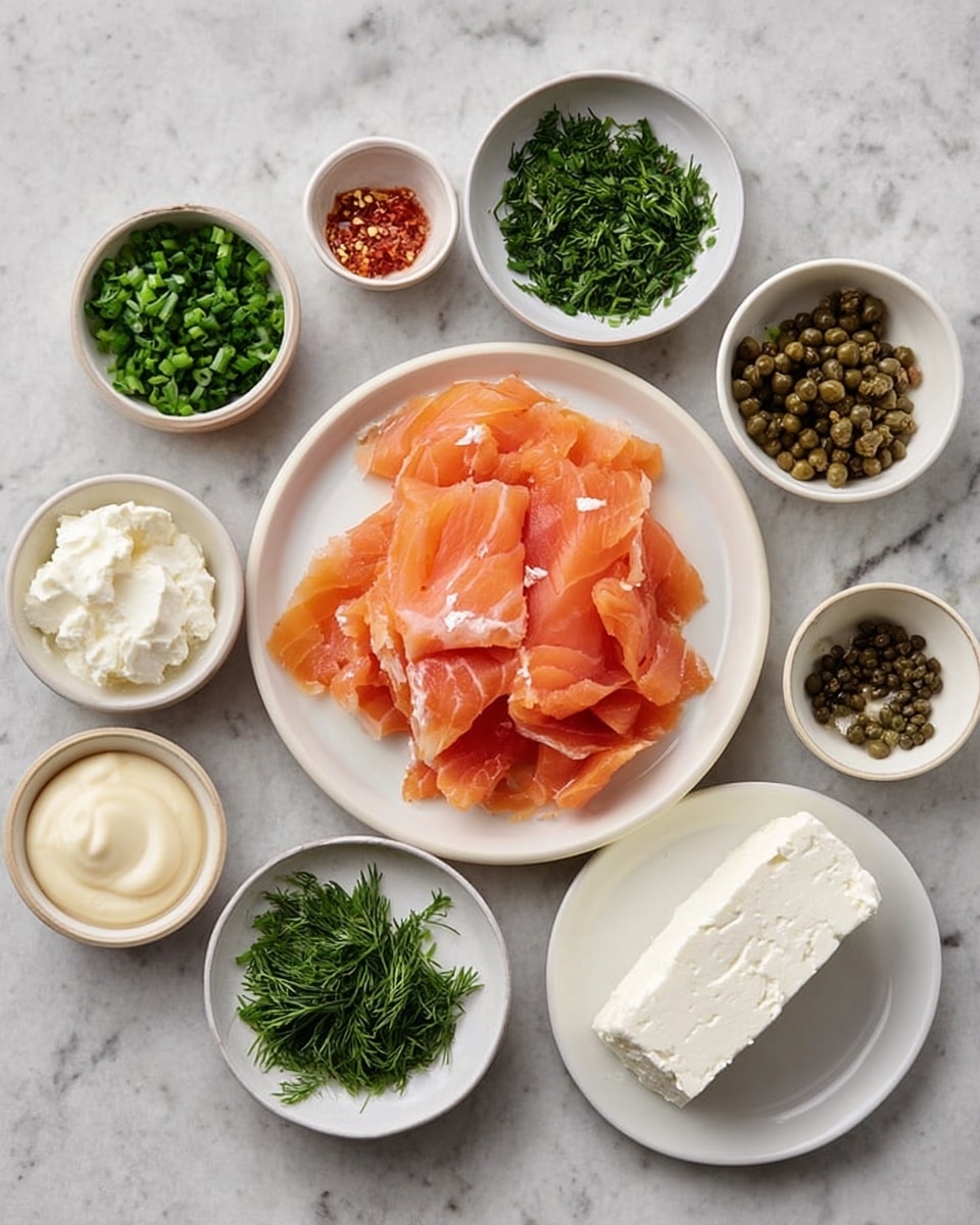 The image shows a white plate with thin slices of pink-orange smoked salmon arranged loosely in the center. Around it are small white bowls holding different ingredients: finely chopped green chives, light green fresh dill, small dark green capers, white salt, a small amount of red hot sauce, a creamy pale beige sauce, a dollop of thick white sour cream, and a large white block of cream cheese on a white plate. All items are placed on a white marbled surface. Photo taken with an iphone --ar 4:5 --v 7
