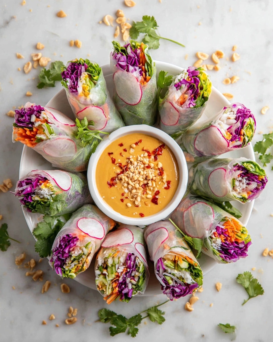 A white plate holds twelve fresh spring rolls arranged in a circle, each wrapped in thin, slightly see-through rice paper. The rolls show layers of colorful vegetables inside, including bright green lettuce, purple cabbage, thin orange carrot strips, and slices of white radish with pink edges. The strips and slices of vegetables are visible through the rice paper, giving a fresh and vibrant look. In the center of the plate is a small white bowl filled with creamy orange dipping sauce, topped with crushed peanuts and chili flakes. Around the plate on the white marbled surface, there are scattered peanuts, small pieces of cabbage, and sprigs of green cilantro. photo taken with an iphone --ar 4:5 --v 7