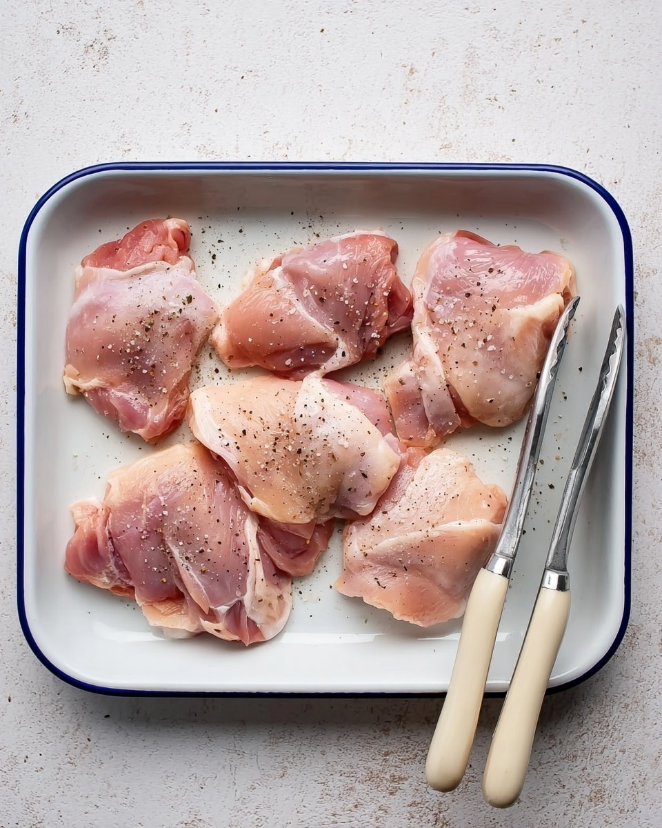Five raw chicken thighs lightly sprinkled with black pepper and some salt lie spread out in a single layer inside a white rectangular baking dish with a thin blue rim. The chicken pieces are pale pink with bits of white fat showing, varying slightly in size and shape, laying on a clean flat surface. To the right of the dish are silver tongs with cream-colored handles placed on a white marbled texture background photo taken with an iphone --ar 4:5 --v 7