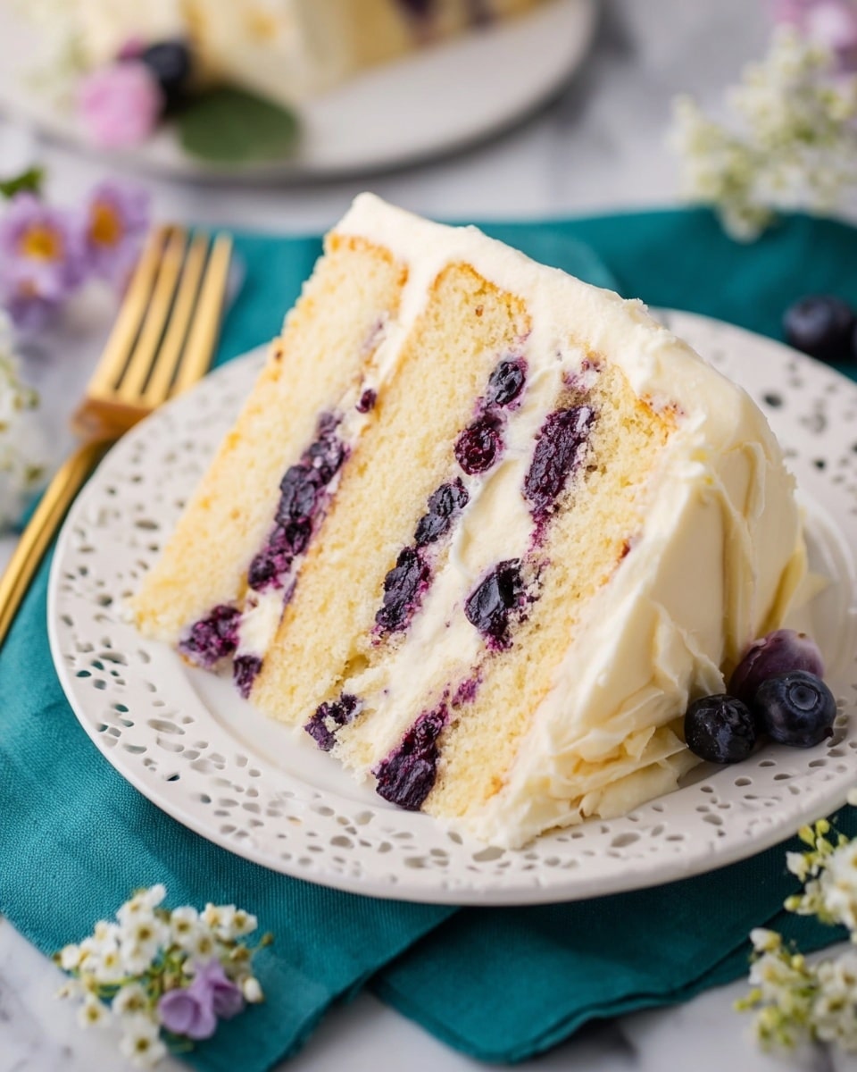 A slice of three-layer vanilla cake with purple blueberry filling between each soft, light yellow sponge layer sits on a white plate with delicate cut-out edges. The cake is covered with smooth pale cream frosting on the sides, showing the textured layers clearly. The plate rests on a teal cloth with a gold fork placed beside it and small flowers scattered around, all set on a white marbled surface. Photo taken with an iphone --ar 4:5 --v 7