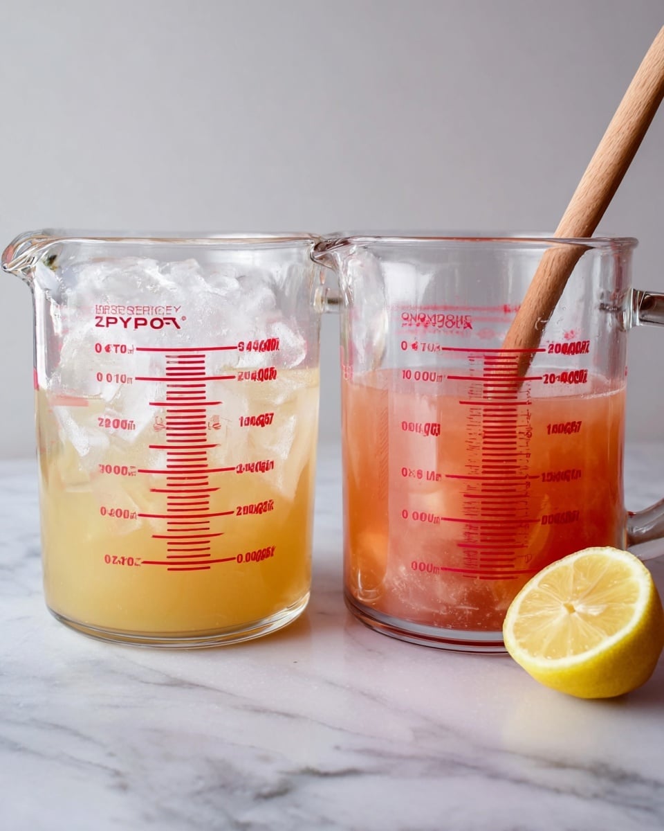 The image shows two clear glass Pyrex measuring jugs side by side on a white marbled surface, each filled with a different liquid. The left jug contains a pale yellow liquid with ice cubes inside, filling just above the 100 ml mark. The right jug holds a light pinkish-orange liquid that reaches near the 350 ml mark, with a wooden spoon inside for stirring. Next to this jug is a half lemon placed on the surface. Both measuring jugs have bright red measurement markings on them, and the background is plain and softly lit. photo taken with an iphone --ar 4:5 --v 7
