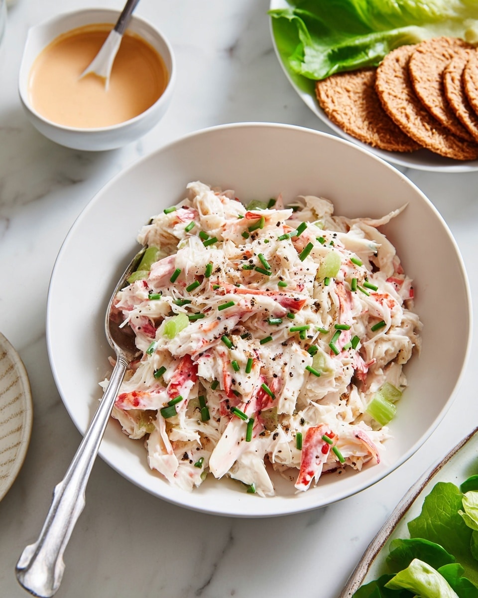 The image shows a white bowl filled with a crab salad that has three main layers; the base layer has shredded white and red crab pieces mixed with small chunks of light green celery and tiny bits of light purple onion. On top of this mix, there are small chopped green chives sprinkled evenly across, with small black pepper flakes visible on the salad. A silver fork rests inside the bowl. In the background, there is a small white bowl with a spoon inside holding a light orange sauce, and a white plate with round, crispy brown crackers to the right along with green lettuce leaves. The whole scene is set on a white marbled surface photo taken with an iphone --ar 4:5 --v 7