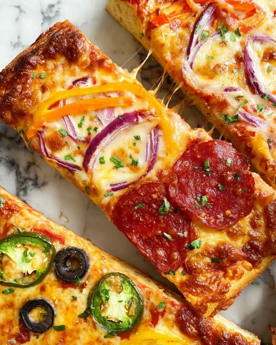 The image shows three slices of pizza on a white marbled surface. One slice has a golden-brown melted cheese layer with orange bell pepper strips and purple onion pieces on top. Another slice features a thick layer of melted cheese, with two large, deep red pepperoni pieces, sprinkled with green herbs, and cheese stretching between it and the other slices. The third slice has a mix of melted cheese, black olive rings, a spicy green jalapeño ring, and some orange cheese pieces, all on a thick golden-brown crust. photo taken with an iphone --ar 4:5 --v 7