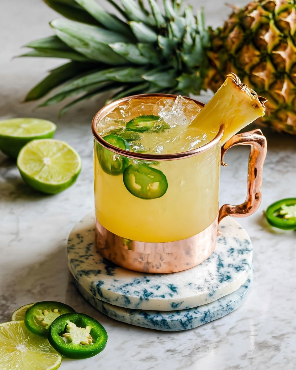 A clear glass cup with a shiny copper bottom and handle is filled with a pale yellow drink and ice cubes, topped with thin green slices of jalapeño floating on the surface. A small triangular piece of pineapple with a green crown sits on the edge of the glass. The glass rests on two stacked round white marble coasters. Around the drink, there are green lime halves and slices and a bright green pineapple with a leafy crown, all placed on a white marbled surface. photo taken with an iphone --ar 4:5 --v 7