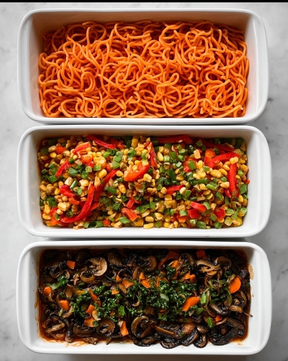 The image shows three side-by-side white rectangular dishes on a white marbled surface, each with a different layered food inside. The first dish is filled with a single even layer of bright orange spiral-shaped noodles tightly packed together. The second dish has two layers: the bottom layer is the same orange spiral noodles, and on top is a mixed layer of bright yellow corn, red bell peppers, and green chopped vegetables, giving a fresh, colorful look. The third dish has three layers: the bottom is the orange noodles, the middle with the colorful vegetable mix, and the top is a thick layer of many dark, round, and sliced mushrooms, with some green vegetables and small carrot pieces scattered on top, making a rich, textured appearance. photo taken with an iphone --ar 4:5 --v 7