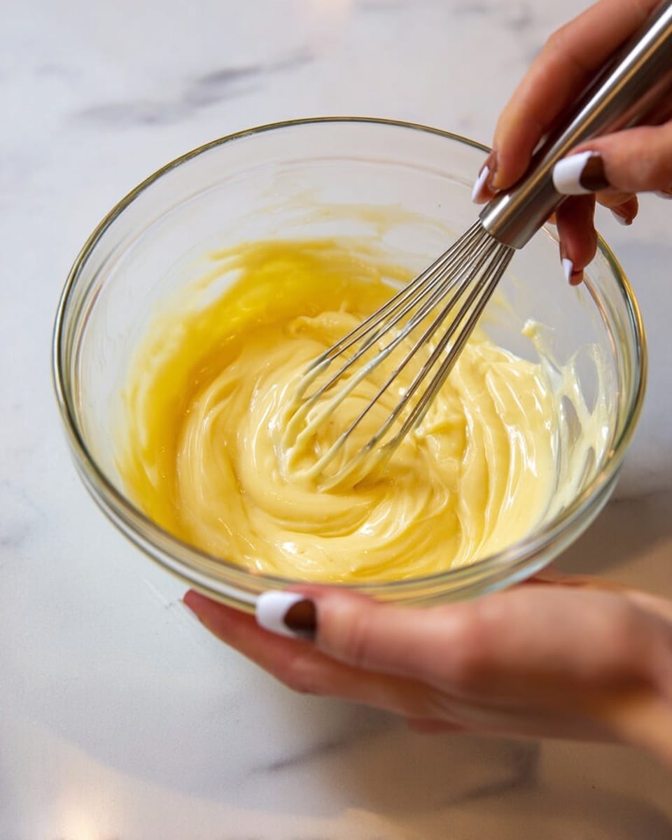 A clear glass bowl holds a smooth, thick yellow mixture being stirred with a metal whisk. The mixture swirls with a creamy texture, showing soft folds and glossy shine. A woman's hand with white and brown painted nails steadies the bowl from the bottom left, while the other woman's hand, slightly blurred from motion, whisks the ingredients from the top right. The bowl rests on a white marbled surface, creating a clean and simple background. photo taken with an iphone --ar 4:5 --v 7