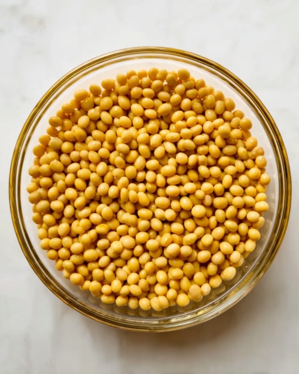 A clear glass bowl filled with a single layer of small, smooth, yellow soybeans that completely cover the bottom of the bowl, placed on a white marbled surface, photo taken with an iphone --ar 4:5 --v 7