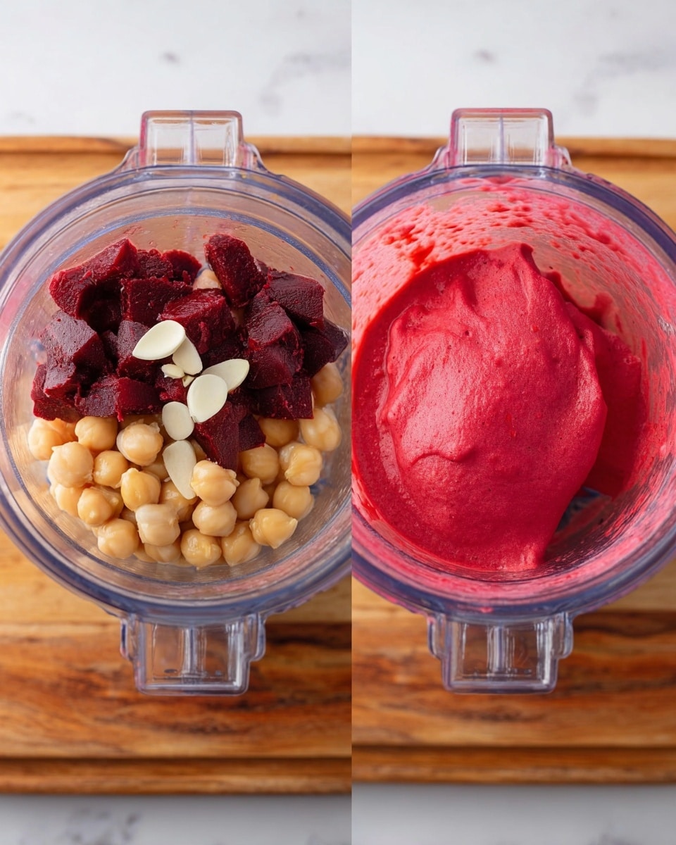 The image shows two clear blender jars placed on a wooden board with a white marbled background. The left jar contains three layers: a base of creamy-cream chickpeas, a middle layer of rich dark red beetroot pieces, and some thin white garlic slices scattered on top. The right jar shows the blended result, a smooth, thick, bright pinkish-red paste filling the jar evenly with a glossy texture. The photo taken with an iphone --ar 4:5 --v 7