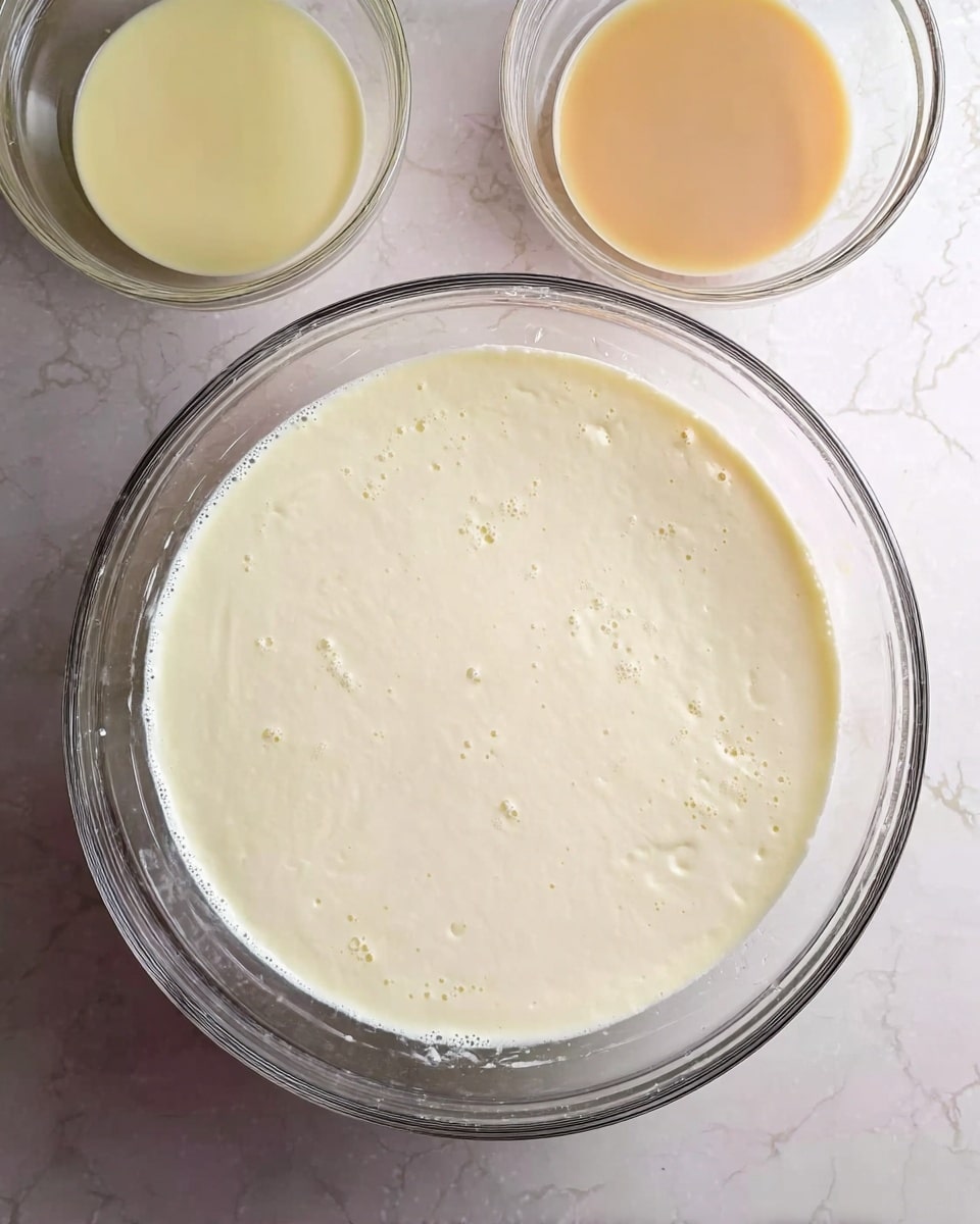 A large clear glass bowl filled with a thick, creamy white batter sits in the center on a white marbled surface. To the top left, there is a smaller clear bowl containing a pale yellow liquid, and to the top right, another small clear bowl holds a light brown liquid. The texture of the batter in the large bowl looks smooth with small bubbles on the surface, giving it a soft and airy appearance. photo taken with an iphone --ar 4:5 --v 7