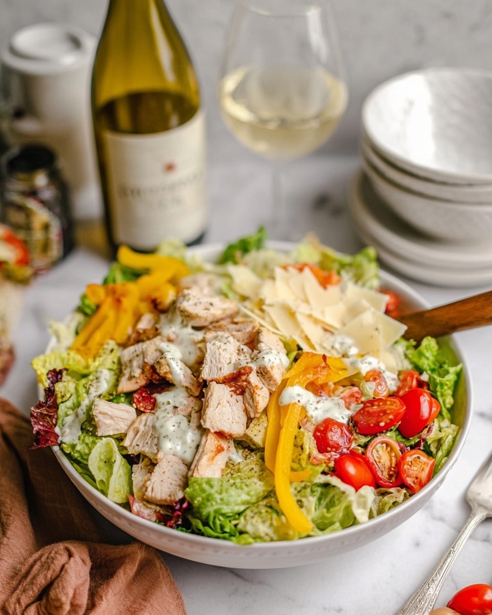 The image shows a large white bowl filled with a colorful salad on a white marbled surface. The bottom layer contains green lettuce leaves with a fresh and crunchy texture. On top, there are slices of cooked chicken pieces that are light brown with some seasoning visible. Bright yellow slices of bell pepper add a pop of color, along with halved small red cherry tomatoes scattered around. Thin slices of pale yellow cheese are layered on top, along with some orange-colored thin slices that look like a cured meat. A creamy white dressing is drizzled over the salad. In the background, there is a bottle of white wine, two stacked white bowls, and a glass of white wine. A woman’s hand holding a wooden salad spoon is on the side of the bowl photo taken with an iphone --ar 4:5 --v 7