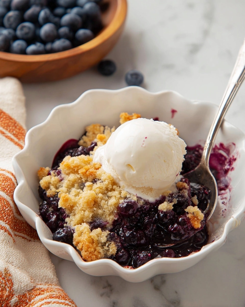 A white scalloped bowl filled with three visible layers: the bottom layer is dark purple-blue cooked blueberries with some juice, the middle layer is light golden crumbly topping with a rough texture, and the top layer is a melting white scoop of vanilla ice cream, slightly mixing with the blueberry juice. A silver spoon is partially inside the bowl at the right side, and behind the bowl is a wooden bowl filled with fresh blueberries on a white marbled surface with a beige and orange striped fabric partially visible on the bottom left. photo taken with an iphone --ar 4:5 --v 7