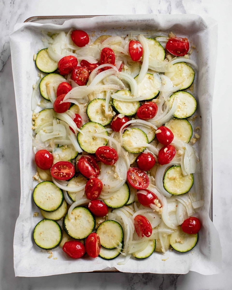 A white baking tray lined with white parchment paper holds a mix of sliced vegetables. The first layer consists of thin, round slices of pale green zucchini with darker green edges, spread evenly across the tray. The second layer features semi-translucent white onion slices arranged broadly over the zucchini. Scattered throughout are bright red halved cherry tomatoes, adding a pop of color to the mix. The vegetables glisten slightly with a light coating, and small bits of minced garlic are sprinkled on top. The background has a white marbled texture. Photo taken with an iphone --ar 4:5 --v 7