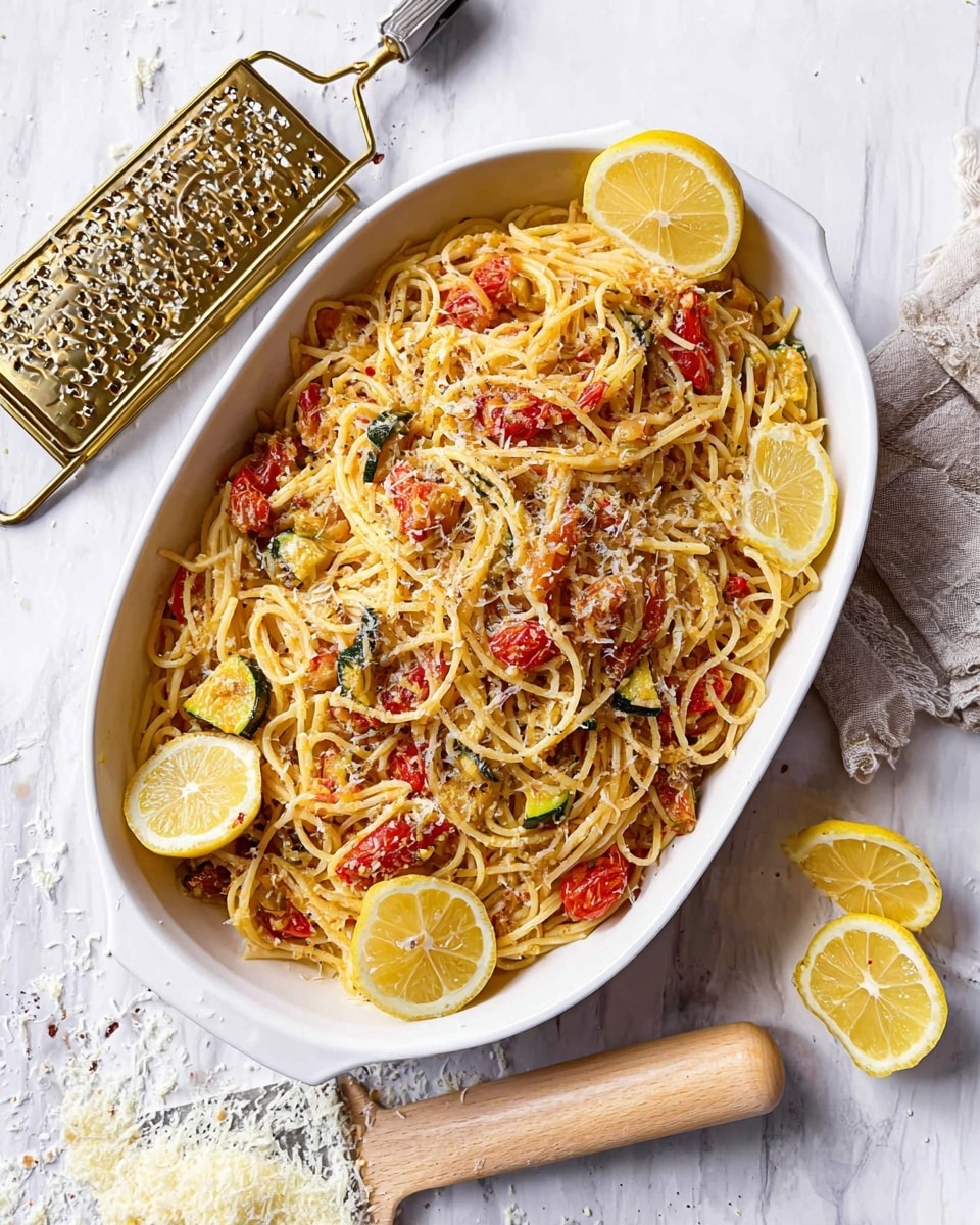 A white oval dish filled with cooked spaghetti as the main layer, mixed with pieces of cooked red cherry tomatoes and sliced green zucchini, all lightly coated for shine. On top, there is a sprinkling of grated light yellow cheese giving a soft texture. Around the edges of the dish, there are four lemon wedges adding bright yellow color, one wedge is partially in the food. Next to the dish, a gold cheese grater with a beige wooden handle lies on a white marbled surface, with grated cheese scattered nearby. The background and surface are white marbled texture adding a clean look. Photo taken with an iphone --ar 4:5 --v 7