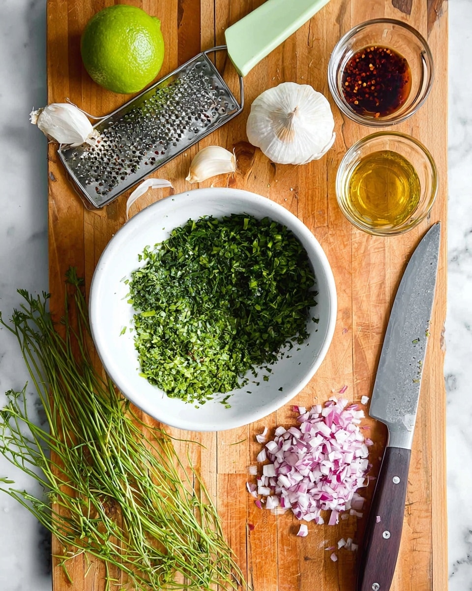 A white bowl sits on a wooden cutting board with three piles of finely chopped green herbs inside, each having a different shade and texture. Around the bowl, there is a whole lime near a metal grater with a light green handle, and beside it, three garlic cloves on the board. Three small clear glass containers hold light yellow oil, dark brown vinegar, and a mix of red chili flakes with white salt. Fresh green herb stems are scattered on the left side and bottom of the board. At the bottom right, a dark-handled knife rests on the board with small pieces of chopped light purple shallots next to it. The scene is set on a white marbled surface. Photo taken with an iphone --ar 4:5 --v 7