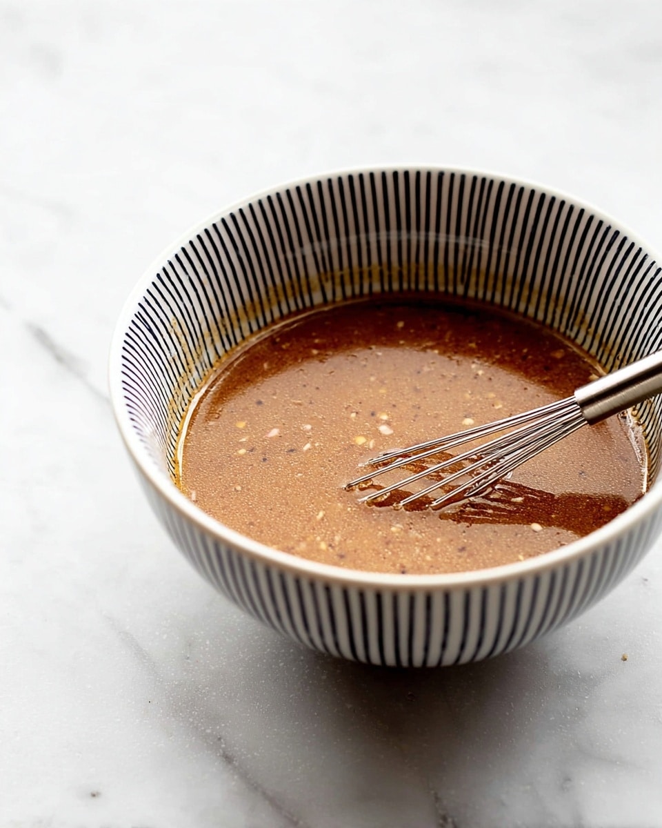 A white bowl with thin vertical black lines filled with a smooth brown liquid that looks like a sauce or dressing. The surface of the liquid has small visible bits and a shiny, oily texture with tiny bubbles. A small metal whisk is resting inside the bowl, touching the liquid on one side. The bowl is placed on a white marbled surface. Photo taken with an iphone --ar 4:5 --v 7