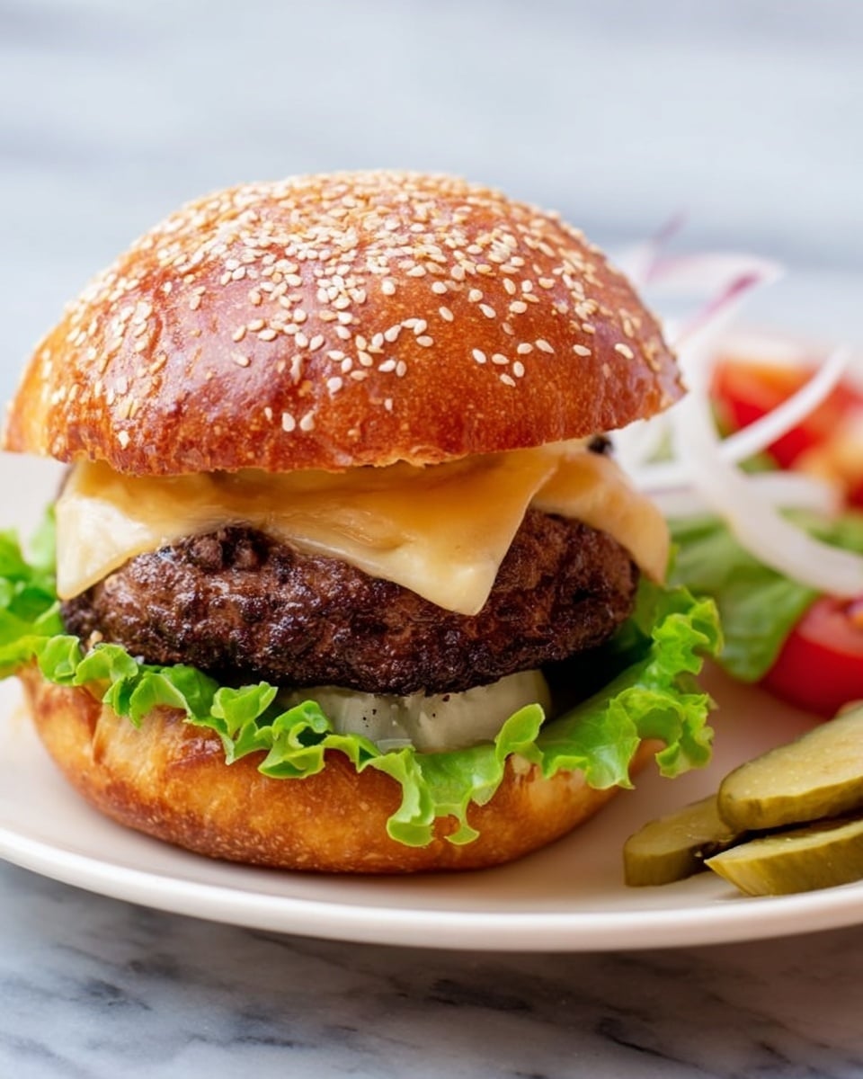 A big burger sits on a white plate with a sesame seed bun on top. The top bun is golden brown with white sesame seeds sprinkled all over. Under the top bun, there is a layer of melted cheese which is pale yellow and slightly melted over a thick, dark brown burger patty with a rough texture. Below the patty, there is a bright green leafy lettuce layer, and the bottom bun is golden brown and soft. On the side of the burger, there are green pickle slices, some red tomato slices, and white onion rings, all lying on the white marbled surface. Photo taken with an iphone --ar 4:5 --v 7