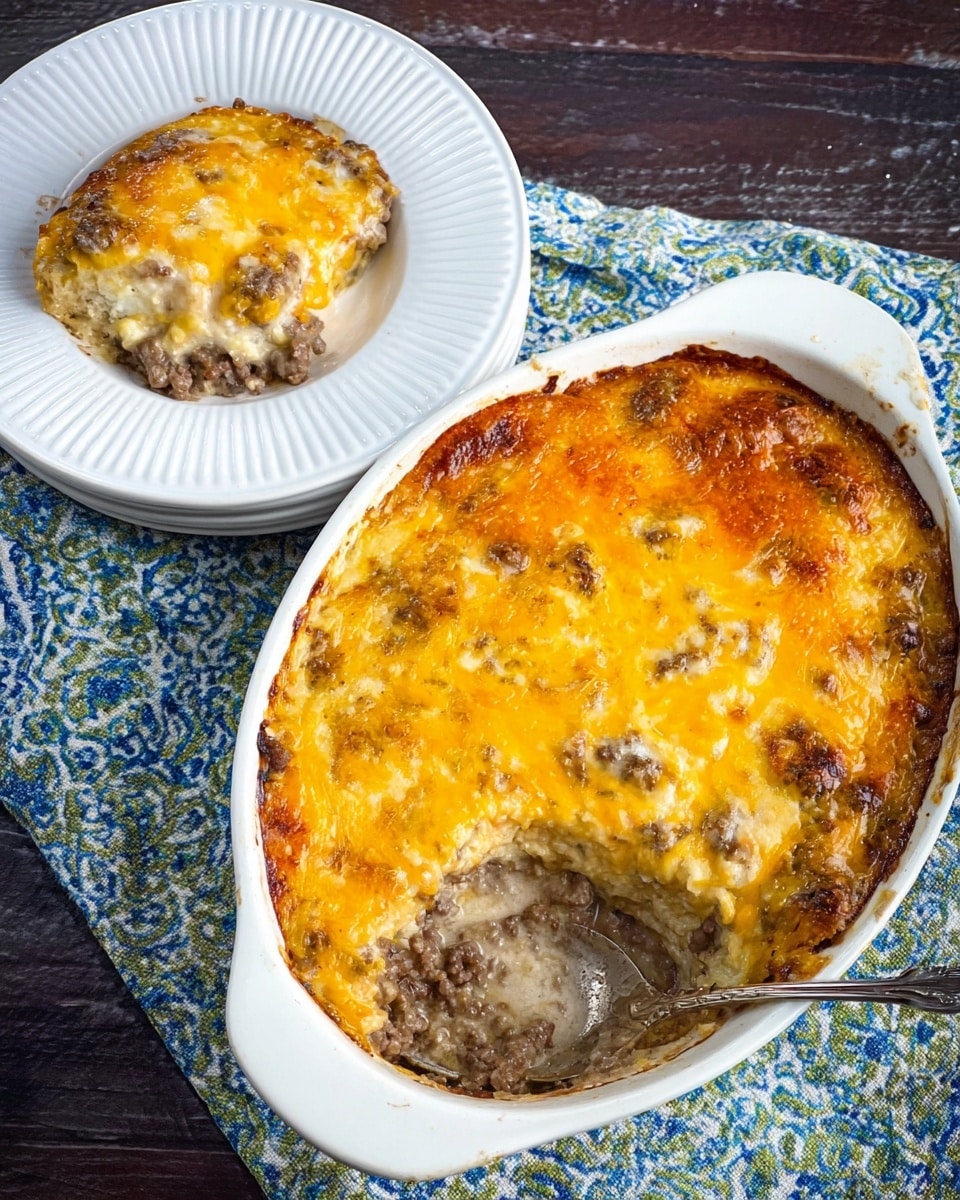 A white oval baking dish shows a casserole with three visible layers: the top layer is bright golden melted cheese with some browned spots, the middle layer is a light creamy sauce mixed with small browned beef pieces, and the bottom layer is a pale base with more beef. A large scoop is missing from one side, showing these layers clearly. Next to the dish on a white ridged plate is the removed portion, revealing the same layers topped with melted cheese. The dish rests on a blue and green patterned cloth on a dark wood surface. photo taken with an iphone --ar 4:5 --v 7