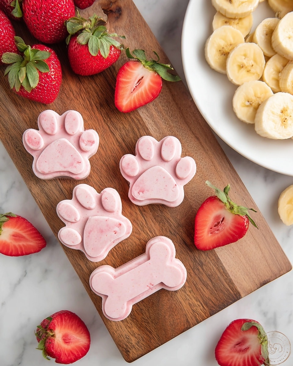The image shows pink frozen treats shaped like dog paws and bones placed on a wooden board. There are five paw-shaped treats with detailed toe pads and one bone-shaped treat, all with a smooth texture and light pink color with small red spots. Scattered among these treats are fresh strawberries, some whole and one sliced in half revealing the red inside and green leaves. To the right, a white plate holds sliced bananas. The scene sits on a white marbled surface, adding brightness to the natural wooden board and colorful fruits. photo taken with an iphone --ar 4:5 --v 7