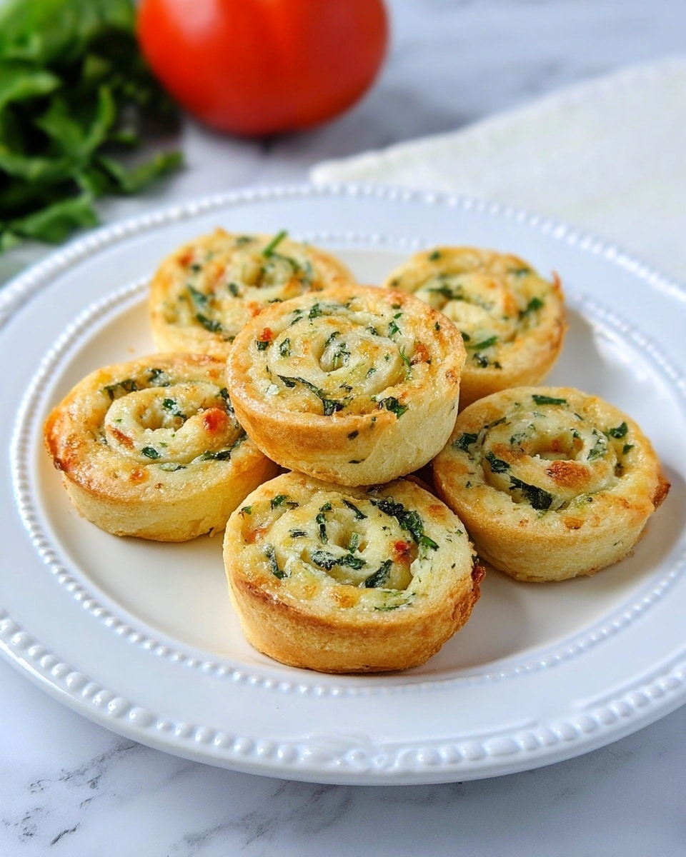 The image shows six round pinwheel-shaped biscuits on a white plate with a decorative edge. Each biscuit has a golden light brown crust with visible bits of green herbs and small pieces of orange vegetables swirled inside a soft, creamy light layer, arranged in a spiral pattern. The plate sits on a white marbled surface, and a red tomato and green leafy vegetable are blurred in the background. Photo taken with an iphone --ar 4:5 --v 7