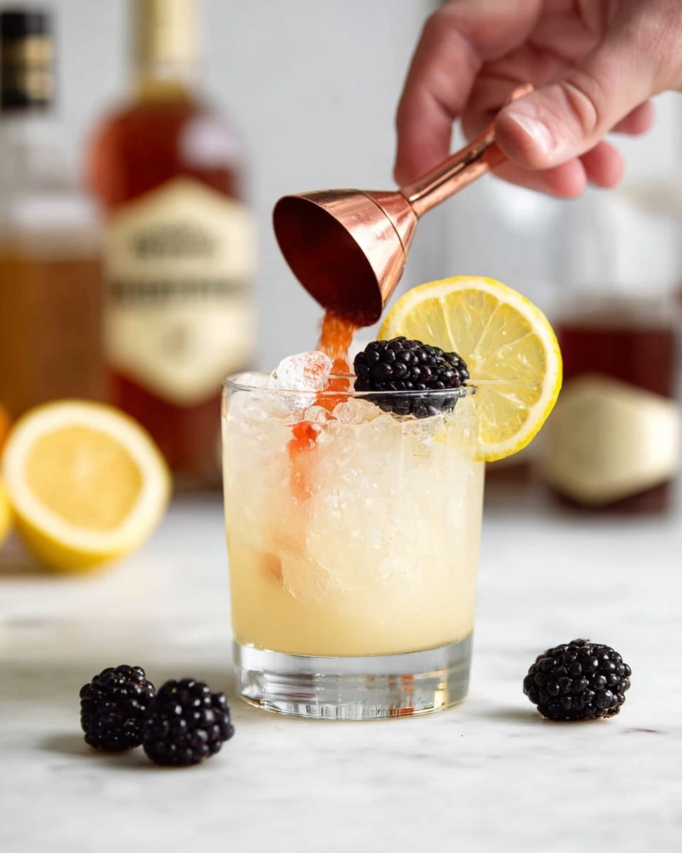 A clear glass filled with crushed ice and a light yellow liquid sits on a white marbled surface. Inside the glass, a reddish liquid is being poured from a small copper jigger held by a woman's hand, creating a soft swirl of color. The glass is decorated with a slice of lemon and a blackberry on its rim. Around the glass, several blackberries are scattered on the white marbled surface. The background shows blurred bottles with hints of amber and clear liquids. photo taken with an iphone --ar 4:5 --v 7