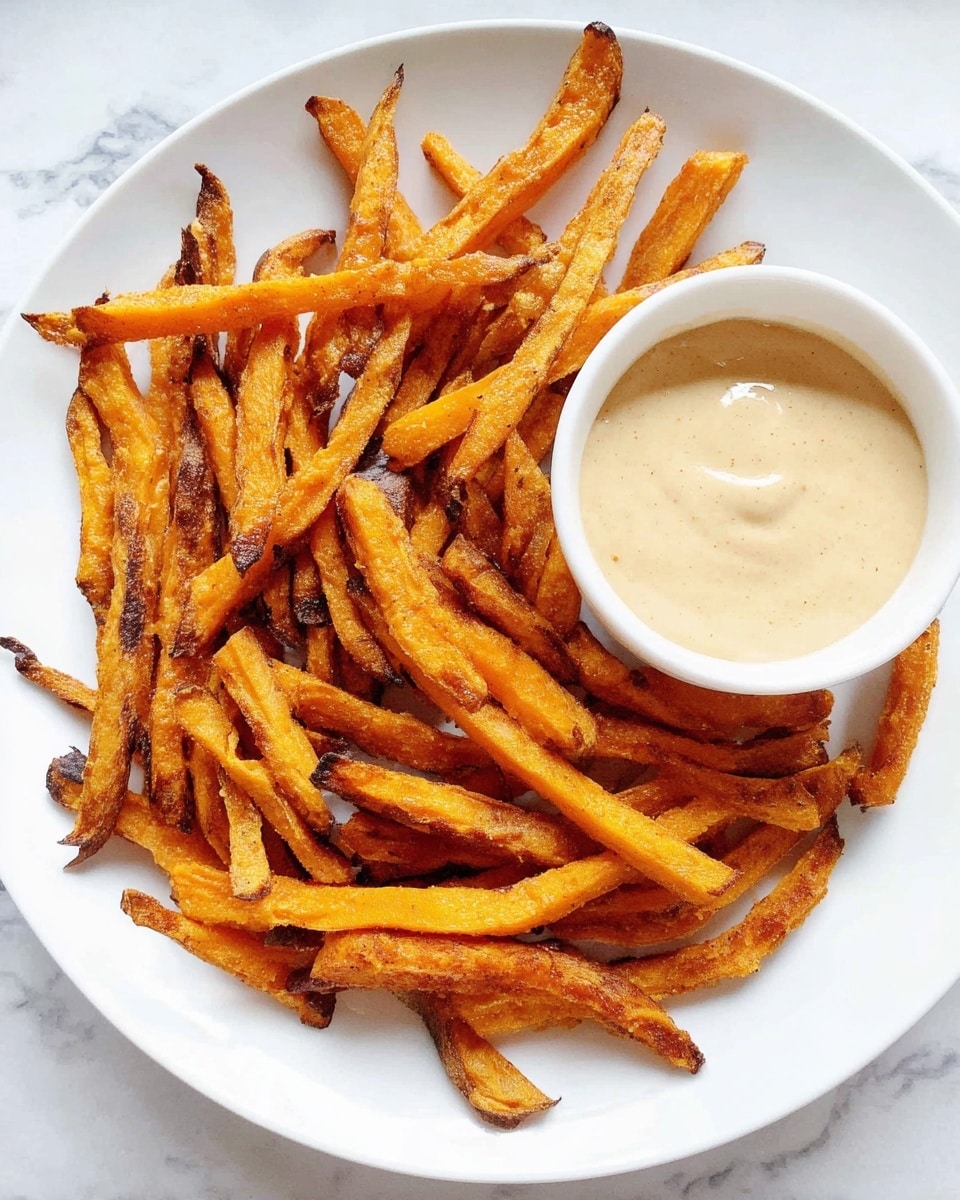 The image shows a white plate filled with a single layer of crispy orange sweet potato fries, some with slight darker brown edges, arranged around a small white bowl of creamy light beige dipping sauce placed to the right side of the plate, all set on a white marbled surface. photo taken with an iphone --ar 4:5 --v 7