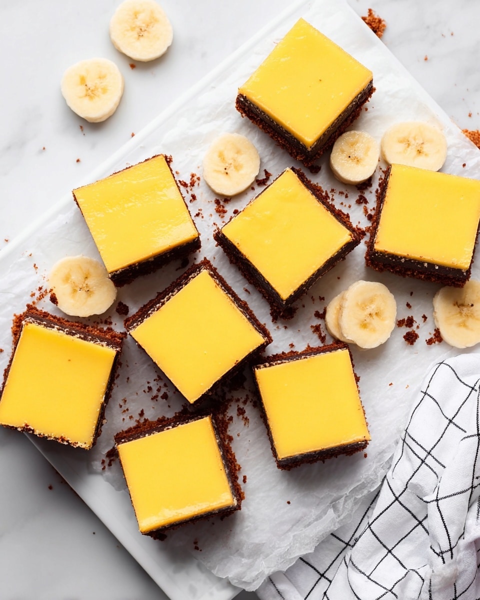 The image shows several square pieces of a two-layer dessert on a white rectangular plate placed on a white marbled surface. Each piece has a thick dark brown base with a smooth, bright yellow layer on top. The squares are spread out casually on parchment paper, with a few banana slices placed around them. There are some small crumbs scattered near the pieces and a white cloth with a black grid pattern lies partially under the plate. The overall look is clean and bright, highlighting the contrast between the dark base and the vibrant yellow top layer. photo taken with an iphone --ar 4:5 --v 7