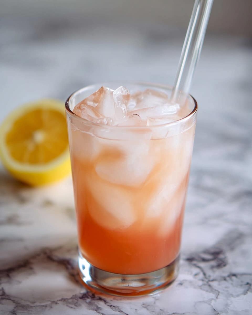 A clear glass is filled with two layers of a drink, the bottom layer is a darker pinkish-orange color and the top layer is a lighter pink color. The glass is filled with several clear ice cubes that float in the drink. A clear straw is sticking out from the glass. In the blurred background, there is a half piece of yellow lemon placed on a white marbled surface. photo taken with an iphone --ar 4:5 --v 7