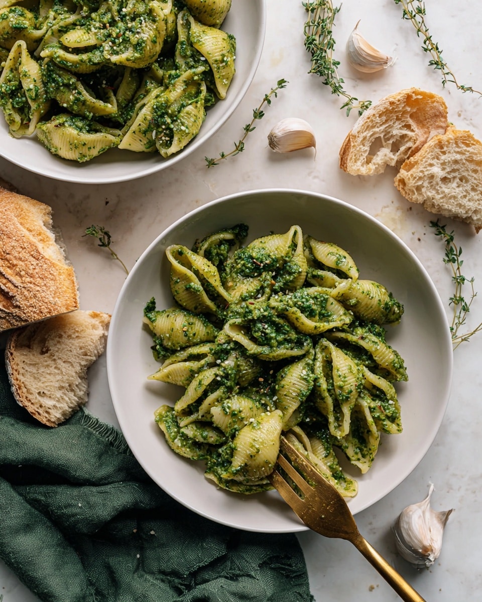 Two white bowls are shown, each filled with large shell pasta coated in thick green pesto sauce, which has a rich, slightly chunky texture. The pasta shells are glossy, twisted, and piled unevenly in each bowl, with some shells tilted upright to show off the pesto inside. A gold fork rests in the bowl at the bottom, gently lifting a few shells. Surrounding the bowls on a white marbled surface are scattered pieces of torn bread, sprigs of fresh thyme, whole cloves of garlic, and green cloth fabric, adding a natural and rustic feel. The lighting is soft, highlighting the vibrant green of the pesto and the pale beige of the shells and bread. photo taken with an iphone --ar 4:5 --v 7