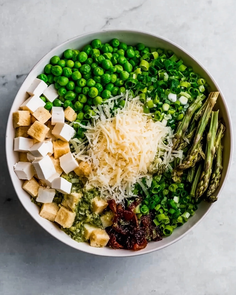 A white bowl filled with six distinct layers arranged neatly in sections: bright green peas on the top left, cubed pale tofu on the bottom left, chopped green onions next to the tofu, shredded light beige cheese piled in the center, dark brown cooked minced mixture on the bottom right, and cooked asparagus spears on the top right. All ingredients are placed on a white marbled surface. Photo taken with an iphone --ar 4:5 --v 7