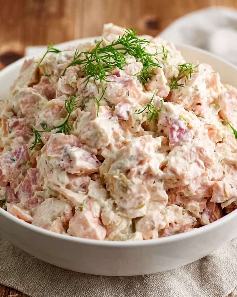A large white bowl is filled with a creamy, chunky salad made with pale pink and white pieces mixed together, likely from meat and a dressing. The top of the salad is sprinkled with small, fresh green herb sprigs, adding a touch of color. The bowl is placed on a wooden surface with a beige cloth background. The overall texture of the salad looks soft and moist with chopped bits throughout. Photo taken with an iphone --ar 4:5 --v 7