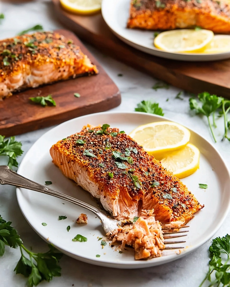 A white plate holds a cooked piece of salmon that is orange-pink with a crispy brown and black pepper crust on top, garnished with small green herb pieces. The salmon is flaky and tender, with a small portion pulled apart by a silver fork resting on the plate. Two thin lemon slices are placed at the top side of the salmon. In the background, there are two more pieces of salmon, one on a white plate and another on a wooden board, both with lemon slices and herbs on top. Fresh green parsley leaves surround the plates on a white marbled surface. Photo taken with an iphone --ar 4:5 --v 7
