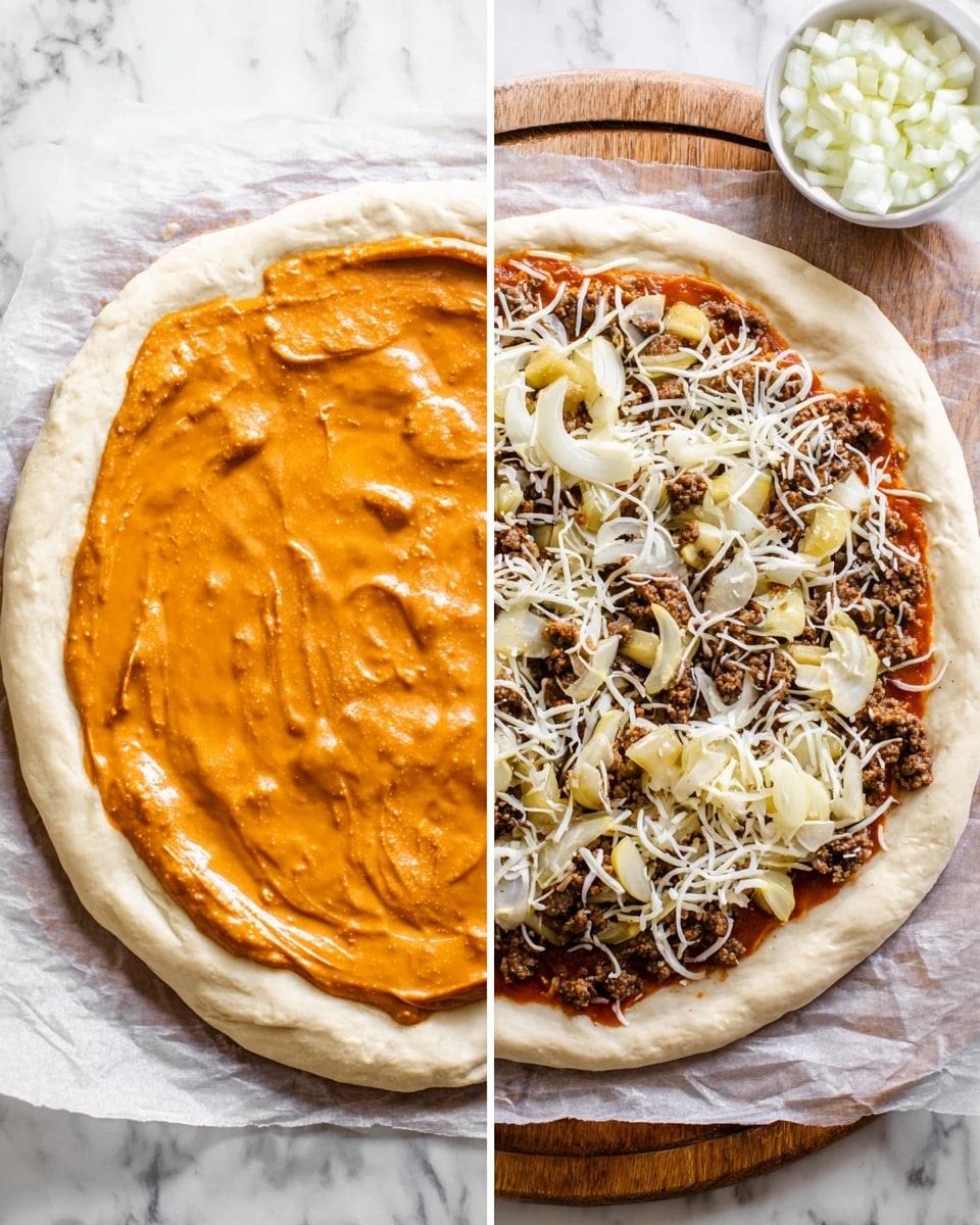 This image shows two stages of making a pizza on a white marbled surface. On the left, there is one layer of smooth, thick orange sauce spread evenly over a round pizza dough with a light beige color and slightly puffy edges. On the right, the same dough now has several layers: a base of red sauce, a layer of cooked ground meat with brown and gray tones, scattered chunks of pale yellow sliced pepper, and shredded white cheese spread all over, covering the toppings but still allowing some visibility of the layers below. The pizza rests on a sheet of white parchment paper placed on a wooden board. A small white bowl with diced white onions can be seen in the top right corner on both sides. photo taken with an iphone --ar 4:5 --v 7
