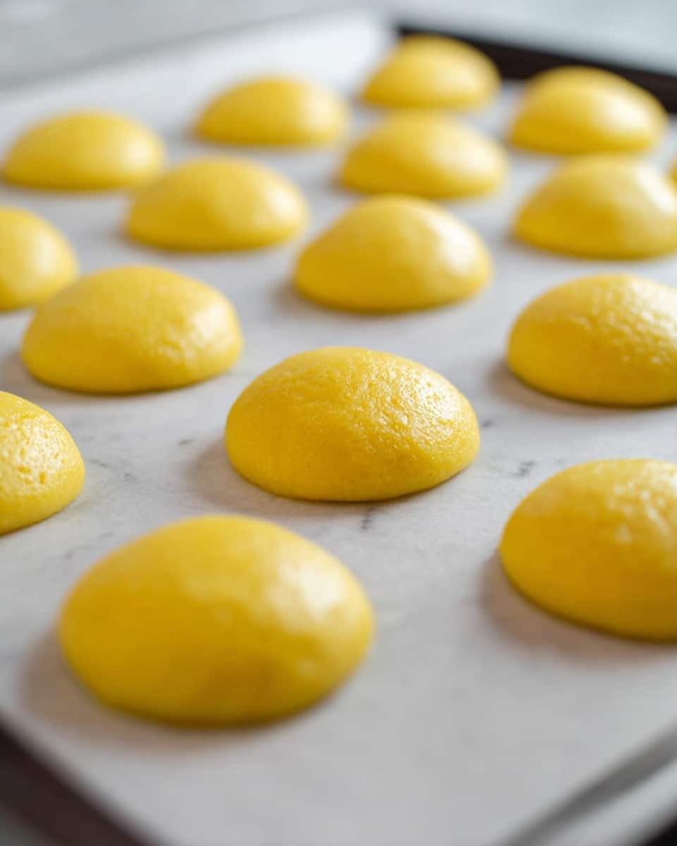 The image shows a baking tray with two rows of round, yellow batter dollops evenly spread out on white parchment paper. Each dollop has a smooth, shiny surface and slightly raised edges, looking soft and fresh, ready to be baked. The tray is placed on a white marbled surface, and the focus is on the dollops in the middle, with the others blurring out gently towards the background. photo taken with an iphone --ar 4:5 --v 7