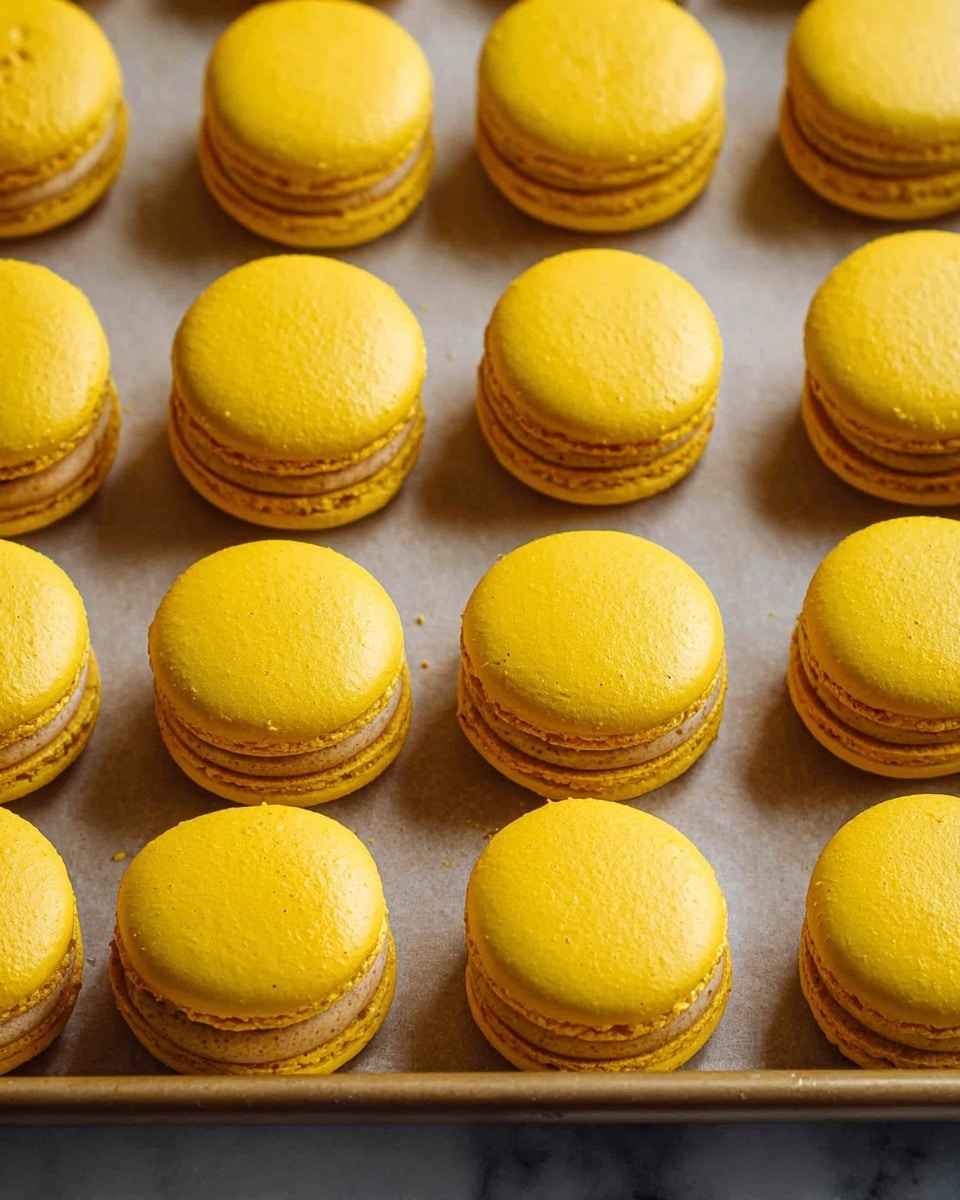 The image shows several bright yellow macarons arranged in neat rows on a baking tray lined with parchment paper. Each macaron has two smooth, round yellow shells with a slightly rough edge, and a light brown creamy filling sandwiched neatly between them. The shells have a matte finish with a slight shine, and the tray sits on a white marbled surface. The macarons are uniformly sized and spaced evenly in a grid pattern. Photo taken with an iphone --ar 4:5 --v 7
