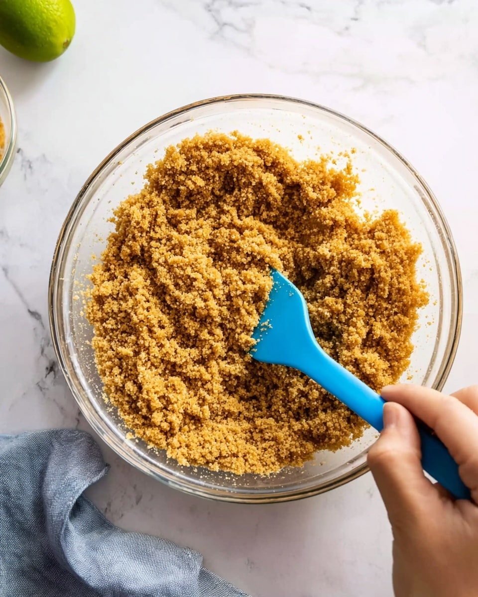 The image shows a clear glass bowl filled with a crumbly, golden brown mixture that looks textured and grainy. A bright blue spatula is partially buried in the crumb mix, held by a woman's hand on the right edge of the bowl. The bowl sits on a white marbled surface with soft natural light. To the left of the bowl, there is a gray cloth napkin and a lime green object slightly visible, possibly a lime fruit. The overall scene has a simple, clean look with a focus on the crumb mixture and the spatula stirring it. photo taken with an iphone --ar 4:5 --v 7