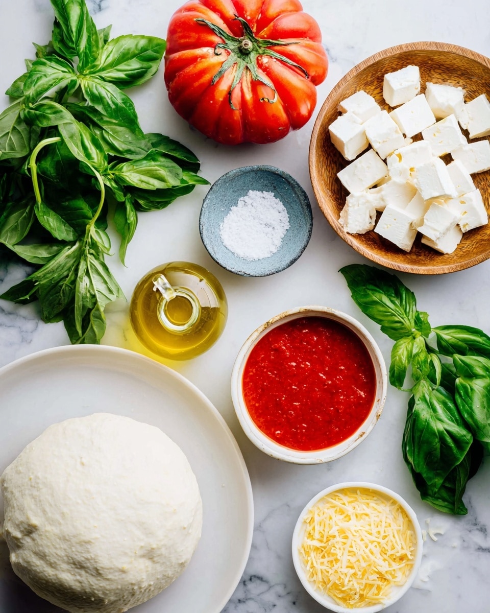 The image shows a white plate with a ball of creamy dough in the bottom left corner. Above it, there is a bright red, ribbed tomato with a green stem. To the right, a wooden bowl holds many white cubes of cheese. A small round blue-gray bowl with coarse salt is in the center. Near the top right, a white bowl contains smooth red tomato sauce. A glass bottle filled with yellow olive oil is placed near the center. Fresh green basil leaves and a few leaves with stems are scattered around on a white marbled surface. A small white bowl with yellow grated cheese is positioned near the bottom right. Everything is brightly colored and fresh. photo taken with an iphone --ar 4:5 --v 7