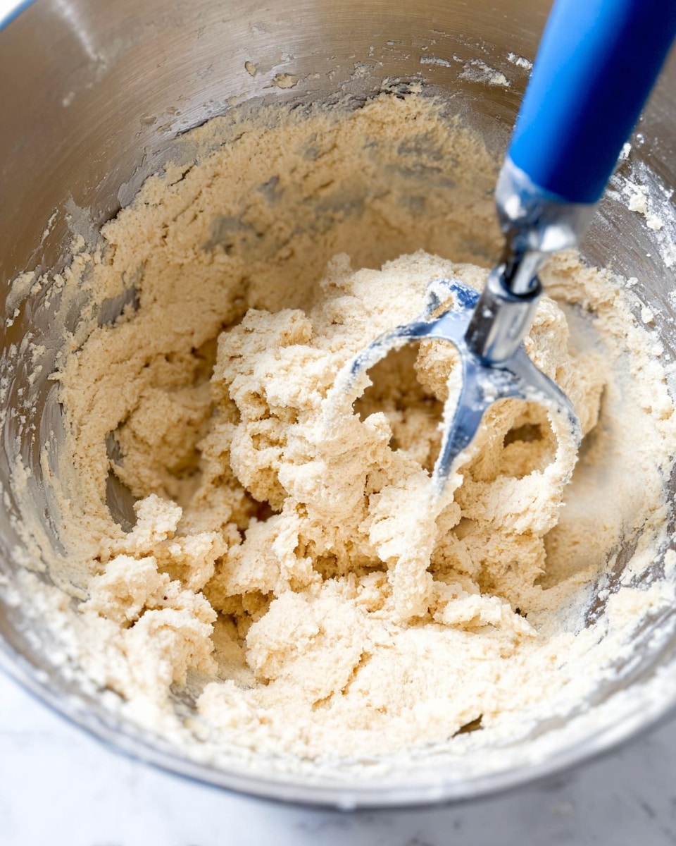 A close-up view inside a silver mixing bowl filled with a thick, light beige dough that has a slightly crumbly texture. A blue rubber spatula and a metal beater are partially buried in the dough, showing action of mixing. The edges of the bowl have traces of dough stuck to them. The background surface is a white marbled texture. photo taken with an iphone --ar 4:5 --v 7