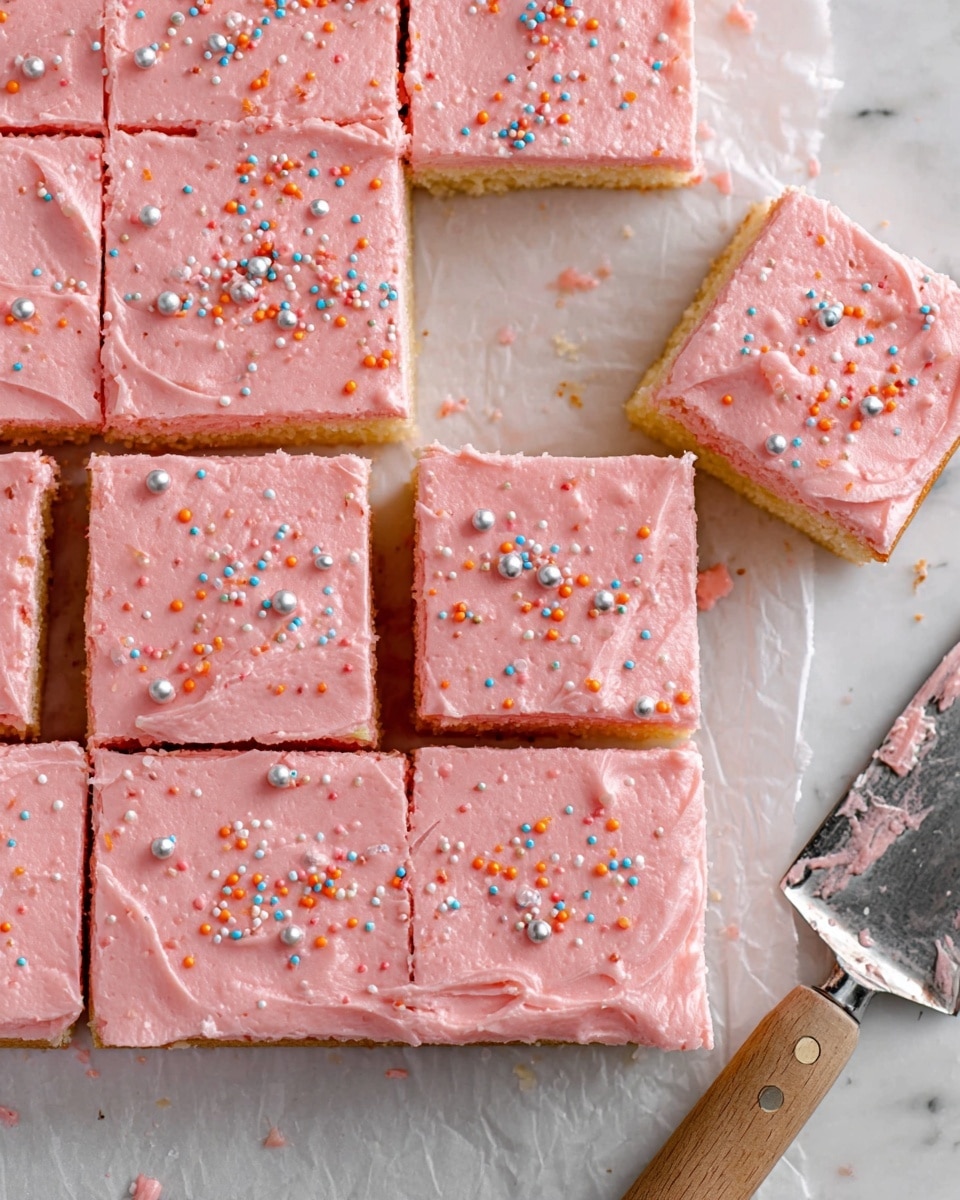 The image shows a close-up top view of 15 square pieces of pink frosted cake arranged in a grid on white parchment paper over a white marbled surface. Each cake piece has two layers: a light golden-brown cake base and a thick layer of smooth, pink frosting spread unevenly on top, adorned with small round sprinkles in orange, white, blue, and a few larger silver oval and round sprinkles scattered across. One square piece is slightly separated with a metal spatula with a wooden handle placed nearby on the right side. Photo taken with an iphone --ar 4:5 --v 7