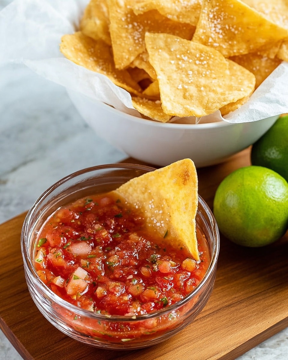 A close-up image shows a clear glass bowl filled with chunky red salsa, containing visible pieces of tomatoes, onions, and herbs, with a single salted, golden-yellow tortilla chip partially dipped into the salsa. Behind it, a white bowl lined with white paper holds many more tortilla chips, golden and crispy with a light sprinkle of salt on top. To the right of the bowls, two whole bright green limes rest on a wooden surface. The setting is a white marbled texture, bright and clean. photo taken with an iphone --ar 4:5 --v 7