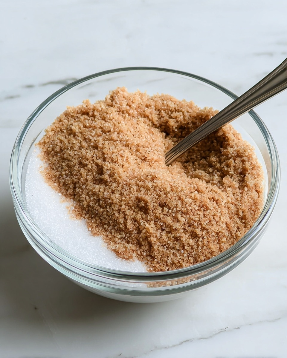 The image shows a clear glass bowl filled with two layers of ingredients: the bottom layer is white granulated sugar, smooth and fine in texture, filling about one-third of the bowl; the top layer consists of light brown sugar with a slightly moist, crumbly texture, covering the sugar below and reaching the rim of the bowl. A silver spoon is partially buried in the brown sugar on the right side, angled diagonally with its handle resting on the bowl's edge. The bowl is placed on a white marbled surface with soft natural lighting that highlights the colors and textures inside the bowl. photo taken with an iphone --ar 4:5 --v 7