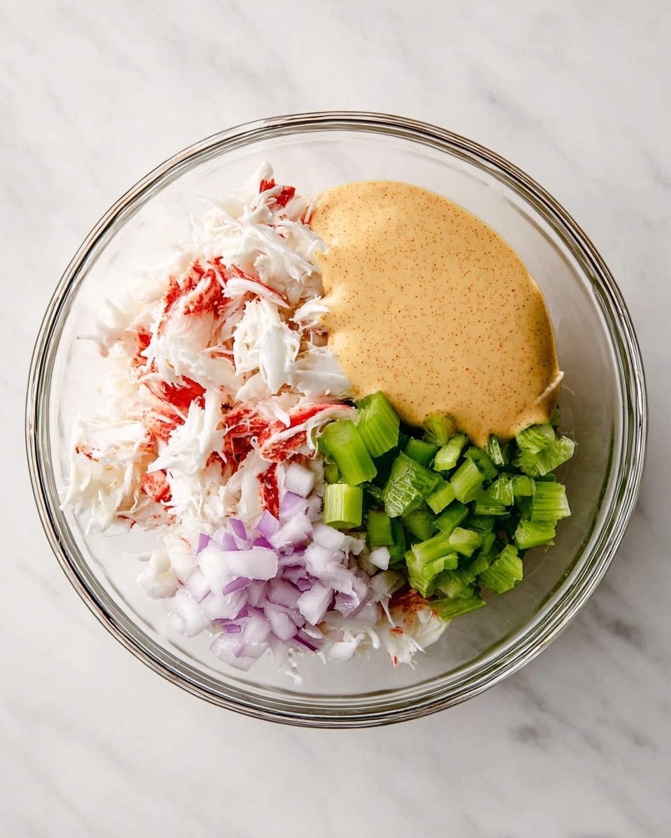 In a clear glass bowl placed on a white marbled surface, there is a mix of four visible layers; the bottom layer consists of white and red shredded crab meat with a soft texture, on top of that, there are small green celery pieces chopped into cubes and piled in one section, next to the celery, there are finely chopped pale purple shallots, and a large dollop of light orange creamy sauce with specks is placed on one side of the bowl, all elements are separated and clearly visible as individual layers photo taken with an iphone --ar 4:5 --v 7