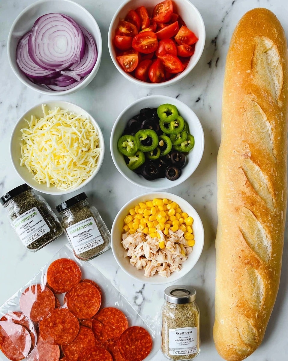 The image shows a variety of pizza ingredients arranged on a white marbled surface. There is a long, golden-brown baguette on the right side. Small white bowls hold different toppings: shredded yellow cheese, sliced red onions, sliced red tomatoes, yellow corn kernels, sliced green jalapeños, black olives, and chopped cooked chicken. Two clear spice jars with white labels, one containing garlic powder and the other oregano, are placed near the bottom left. On the lower left corner, there is a clear package filled with round slices of pepperoni. photo taken with an iphone --ar 4:5 --v 7