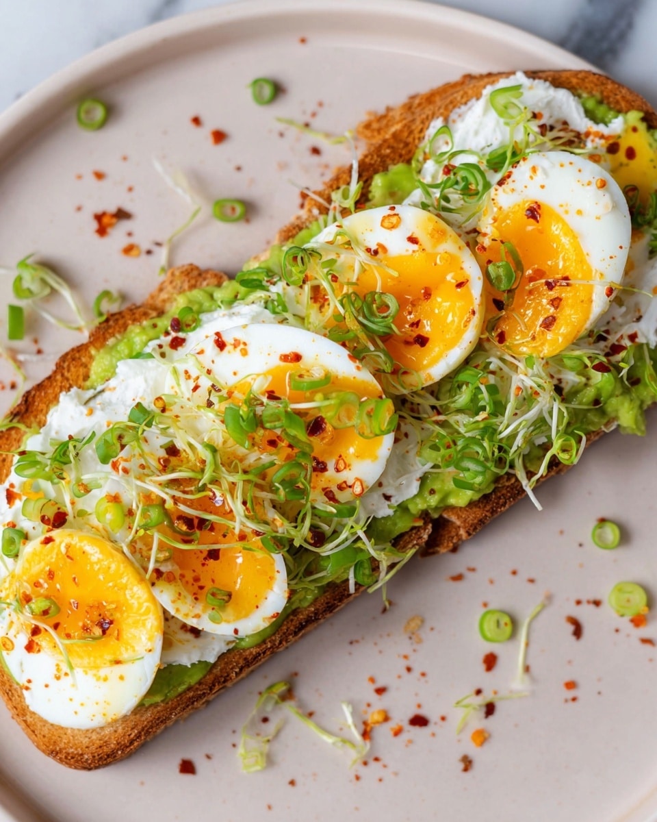 A slice of toasted bread lays flat on a white plate with a white marbled surface underneath. The bread is first covered with a green layer of mashed avocado. On top of this is a thick, creamy white spread, with soft-boiled egg slices arranged evenly across the toast, showing rich yellow yolks. Scattered over the eggs and cream are thin green rings of scallions and light green sprouts, adding texture. The whole toast is sprinkled with small red chili flakes and a few drops of golden oil, giving a touch of color and shine. photo taken with an iphone --ar 4:5 --v 7